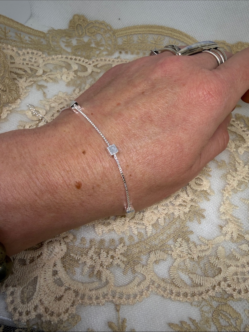 925 Sterling Silver Box Chain Bracelet with Three Geometric Cube Beads Clean